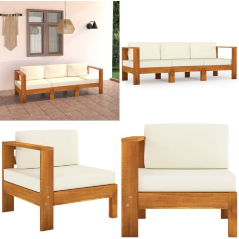 3-Sitzer-Gartensofa mit Cremeweißen Auflagen Massivholz Akazie - Gartenmöbel - Holzsessel - Outdoor Möbel - Esszimmergarnitur - Lounge Set - Home & Living