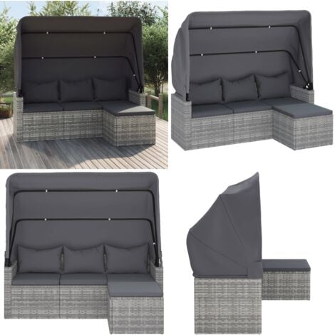 3-Sitzer-Gartensofa mit Dach und Fußhocker Grau Poly Rattan - Outdoor Möbel - Gartenmöbel - Gartensofa - Esszimmergarnitur - Lounge Set - Home & Living