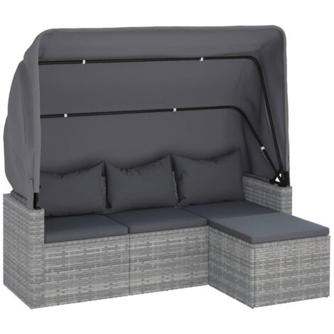 3-Sitzer-Gartensofa mit Dach und Fußhocker Grau Poly Rattan vidaXL