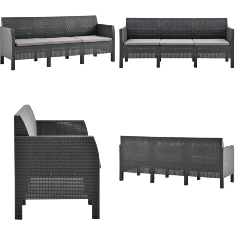3-Sitzer Gartensofa mit Kissen Anthrazit PP Rattan - Gartensofa - Esszimmergarnitur - Balkonmöbeln - Terrassenmöbel - Wohnzimmergarten - Home & Living