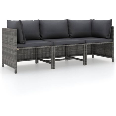 3-Sitzer-Gartensofa，Gartenstuhl，Lounge-Sofa mit Kissen Grau Poly Rattan AGHDE580323