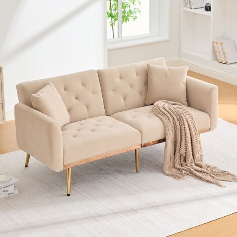 YOLEO 3-Sitzer-Sofa aus Samt, umwandelbares Sofa für Wohnzimmer und Schlafzimmer, Metallbeine, bequemes Schlafsofa, Beige