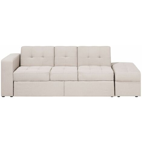 3-Sitzer Sofa Beige Stoffbezug Gesteppt mit Ottomane Schlaffunktion Bettkasten Tablett Flache Armlehne Modern Wohnzimmer Ausstattung Gästebett