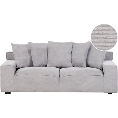 3-Sitzer Sofa Hellgrau Cord mit 5 Dekokissen Breite Armlehnen Sitzfläche Modern Gepolstert Wohnzimmer Gästezimmer Polstersofa