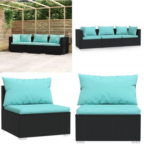 3-Sitzer-Sofa mit Auflagen Schwarz Poly Rattan - Gartenmöbel - Terrassenmöbeln - Ratan Möbel - Outdoor Sofa - Lounge Set - Home & Living