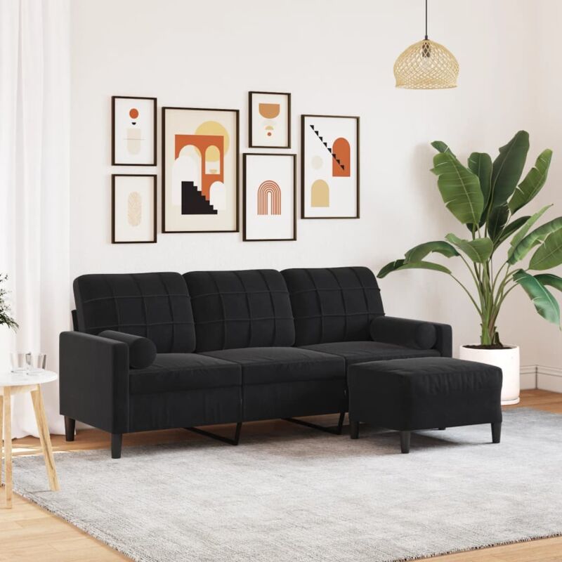 3-sitzer-sofa Mit Hocker Schwarz 180 Cm Samt - Vidaxl