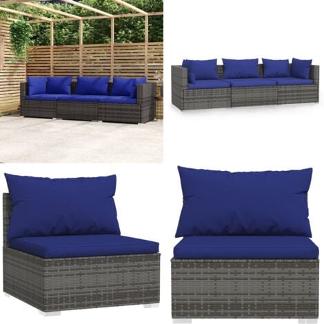 3-Sitzer-Sofa mit Kissen Grau Poly Rattan - Gartenmöbel - Terasssofa - Poly Rattan Sofa - Lounge Set - Gartenlounge - Home & Living