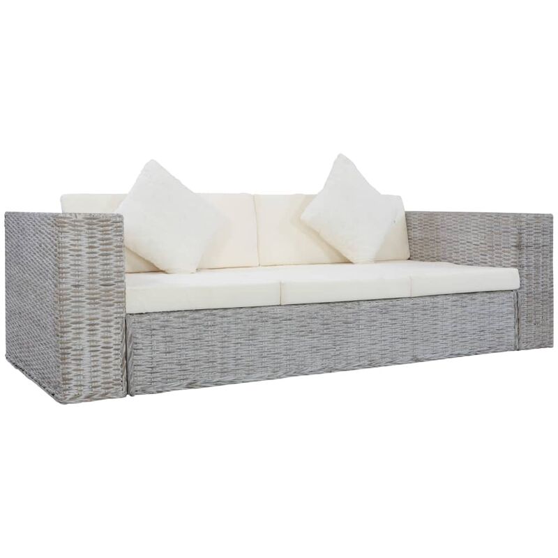 3-Sitzer-Sofa mit Polstern Grau Natürliches Rattan
