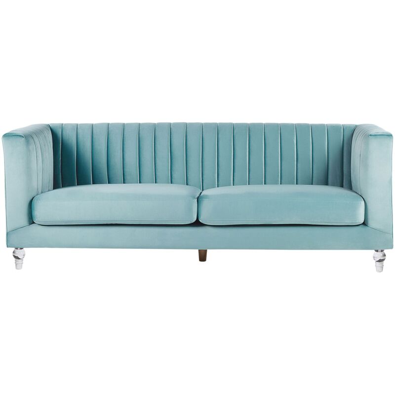 Beliani 3-sitzer Sofa Hellblau Samtstoff Mit Steppung Hohen Armlehnen Transparenen Acryl-füßen Dicken Sitzkissen Modern Glam Wohnzimmer Ausstattung