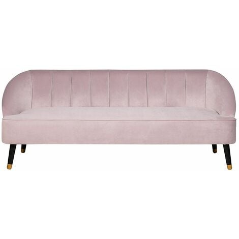 3-Sitzer Sofa Rosa Samtstoff mit Steppung Armlehnen Schwarzen Hohen Holzfüßen Dickes Polster Modern Glamourös Wohnzimmer Ausstattung