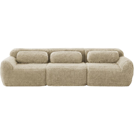 3-Sitzer Tiefsofa, Premium-Plüschstoff, modulare, rutschfester Boden, keine Montage, mit Kissen. Ergonomische Unterstützung, hochelastischer Schaumstoff, geeignet für Wohnzimmer, Hellkhaki
