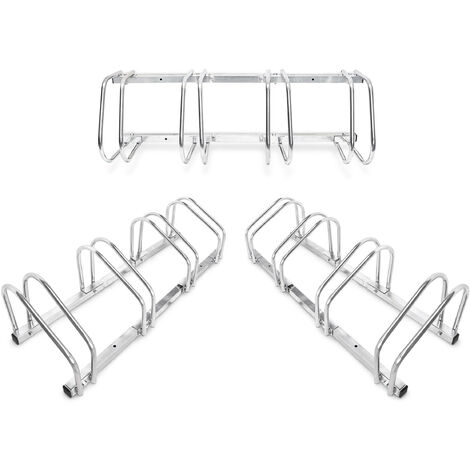 3 Soportes Bicicletas Suelo o Pared, Portabicicletas para 4 bicis, Acero Cromado, Exterior, 26x100x32cm, Plateado