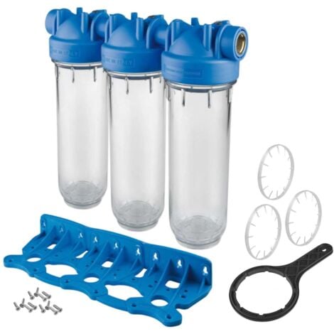 3 Stage 10" Inline Water Filter System Housing 1" Ports With Wall Bracket And Key