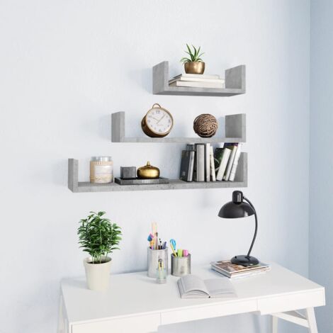 3 Stk. Wandregal，Wandboard，Hängeregal für Wohnzimmer, Schlafzimmer, Flur, Badezimmer Betongrau Holzwerkstoff DTHFF2440025