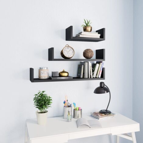 3 Stk. Wandregal,Wandboard,Hängeregal für Wohnzimmer, Schlafzimmer, Flur, Badezimmer Schwarz Holzwerkstoff DTHFF2954976