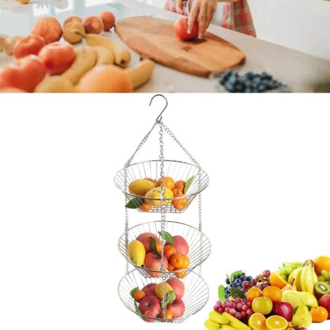 3-stöckiger Hängekorb - Obst-, Gemüse- und Blumenkorb aus Eisen - Für Küche, Wohnzimmer, Balkon (abnehmbar, 5 kg Tragkraft)