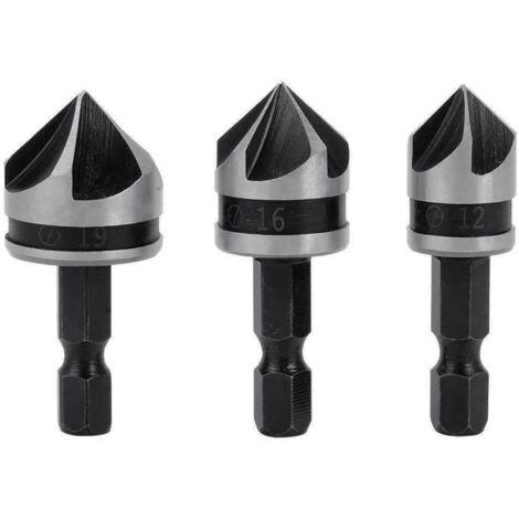 3 Stück 1/4 Zoll Sechskant-HCS-Senker-Bohrer mit 5 Nuten für Senker, Waschbecken, Senker, 12 mm/16 mm/19 mm, für Holz und Metall