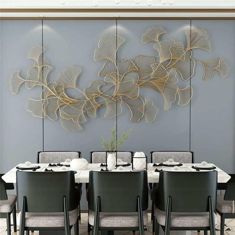Décoration murale 3D, Gingko en métal, décoration murale tridimensionnelle, pour le salon, la chambre à coucher, décoration murale, 120 x 57 cm