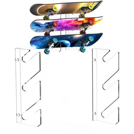 3-stufige Skateboard-Wandhalterung aus Plexiglas, horizontaler Skateboard-Ständer für Snowboards, Longboards und Decks, 120 x 380 x 30 mm, 511 g, transparent, 2 x Ständer, 4 x Schrauben, 4 x Montageha