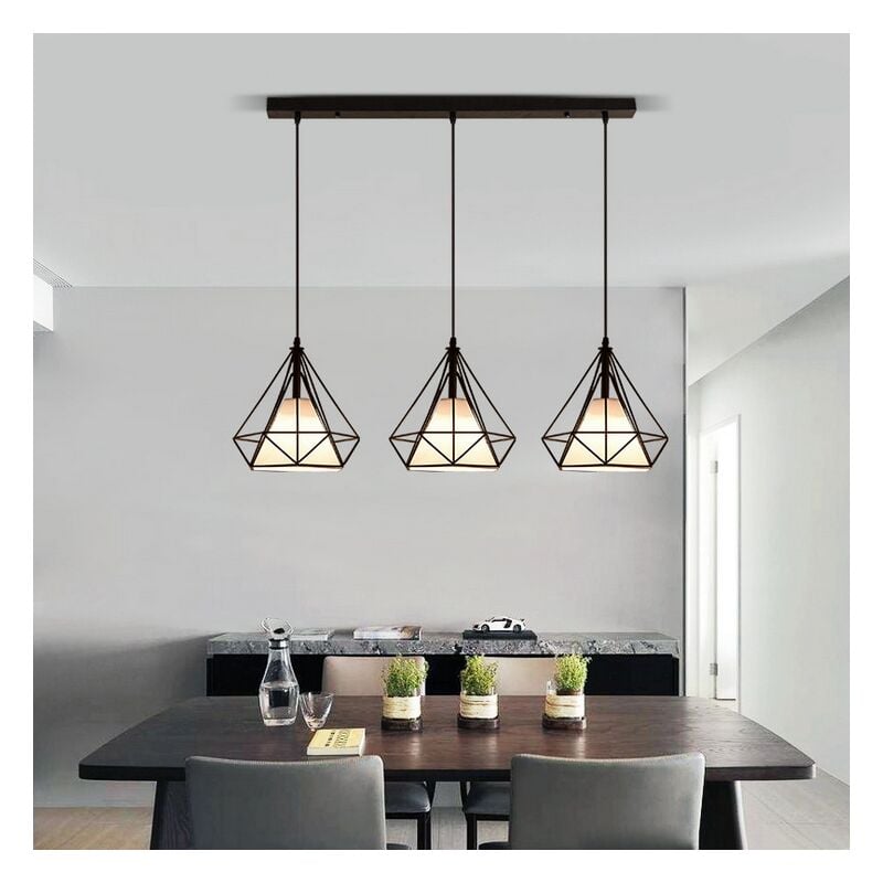 3 Supports De Lampe Plafonnier En Forme De Diamant Lampes Suspendues Cage En Fer En Métal Ø20CM Pour Cuisine Salon Restaurant Bar (Noir)