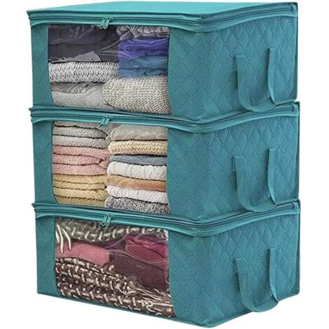 (3-teilig, blau) Faltbarer Aufbewahrungsbeutel für Kleidung, 49 x 36 x 21 cm, Aufbewahrungsbeutel für unter das Bett, dickes, wasserdichtes Vliesmaterial, geeignet für Bettdecken, Decken, Kissen und K