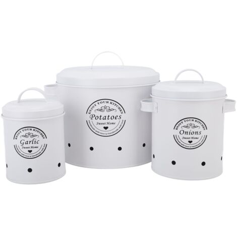 3-teilige Aufbewahrungsboxen aus Stahl für Kartoffeln und Zwiebeln – Rustikale weiße Aufbewahrungsboxen im Landhausstil für die Küche