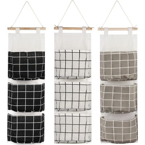 3-teilige hängende Aufbewahrungstasche mit 3 Taschen, Wandregal, Stoffkorb, Aufbewahrungstasche, Organizer für Schlafzimmer, Badezimmer, Küche – wasserdicht und stilvoll (schwarz/grau/weiß)