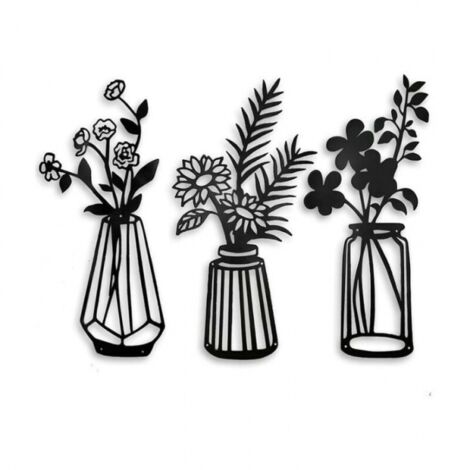 3-teilige Metall-Blumen-Wanddekoration, Metallvase, Blumen-Wandskulptur, schwarze Metall-Wanddekoration für Wohnzimmer, Badezimmer, Schlafzimmer, schwarze Wandkunst für die Küche