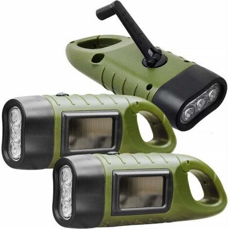 3-teilige wiederaufladbare LED-Taschenlampe, solarbetriebene wiederaufladbare Taschenlampe mit Wanderschnalle, Dynamo-Taschenlampe, Handkurbel-Taschenlampe für Outdoor/Camping/Notfall (Grün) [Klasse E