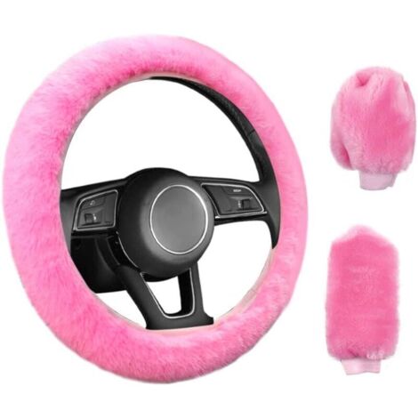 3-teiliger, rutschfester, elastischer Autolenkradbezug, universeller, plüschiger, rosafarbener Autolenkradbezug mit Handbrems- und Schalthebelabdeckung (38 cm)