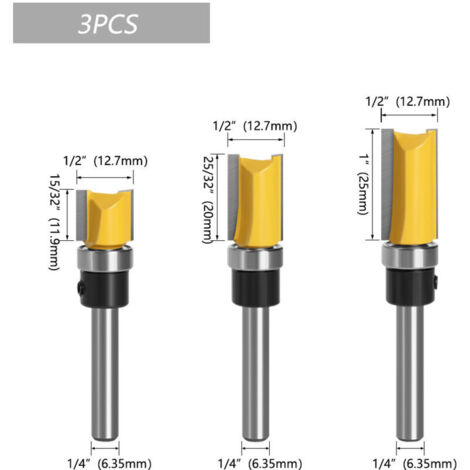 3-teiliges 1/4"-Schaft-Kopierfräser-Set, Kopierfräser, Heimwerker-Holzbearbeitungs-Schneid- und Fräswerkzeuge mit Kugellager