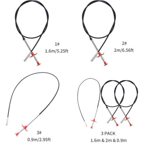 3-teiliges Abflussreinigungsset – Edelstahl-Handkurbel-Rohrreinigungsspirale (1,6 m + 2 m + 0,9 m) für Bad und Küche