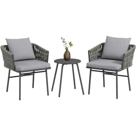 3-teiliges Außenmöbel-Set, 2 Stühle, 1 Tisch, Bistro-Set, Kunst-Rattan, Stahlrahmen, Metalltisch, 4 Kissen, Grau