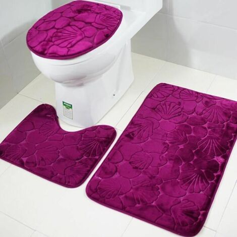 3-teiliges Badematten-Set – WC-Deckel, rutschfeste, saugfähige Muschel-Optik in Rosarot, ausgestellte WC-Matte
