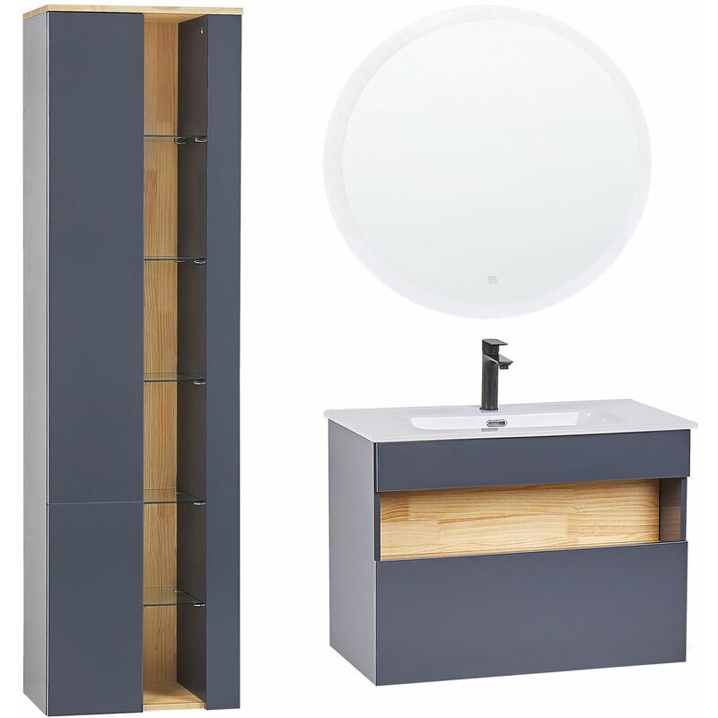 Badmöbel Set 3 teilig grau Waschbecken Waschtisch Hängeschrank Spiegel Figueres Grau  - Onlineshop ManoMano