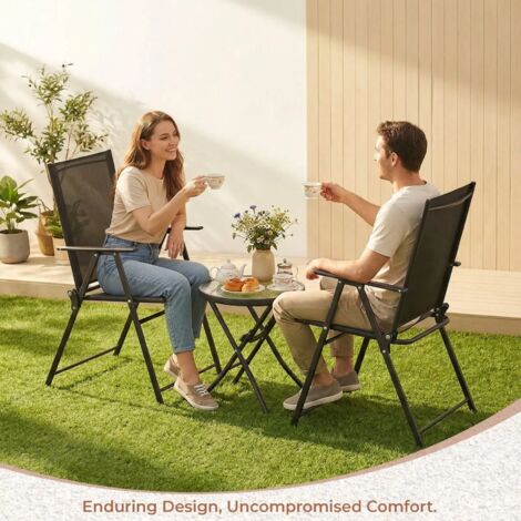 3-Teiliges Balkonmöbel Set, Bistro Set Metall mit 2 Klappstühlen & 1 klappbarem Glastisch, Gartenmöbel Klappbar, Outdoor Sitzgruppe für kleinen Balkon Schwarz