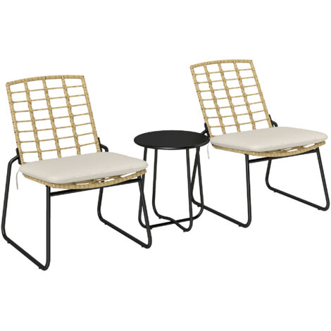 3-teiliges Gartenmöbel-Set, 2 Rattan-Stühle, 1 Tisch mit Metallplatte, Sitzkissen, Bistro-Set, Beige & Braun