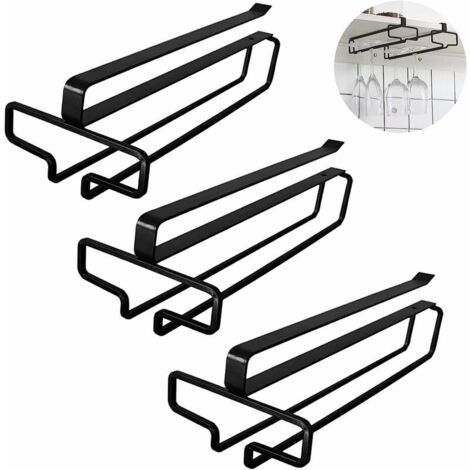 LABLANC 3-teiliges hängendes Weinglasregal, Weinglasregal unter dem Schrank, ohne Bohren, hängendes Stielglasregal, Metall-Stielglasregal für Küche, Café, Bar, Restaurant (schwarz)
