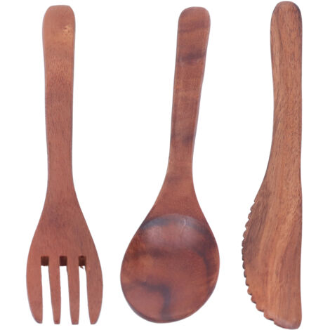 3-teiliges Holzbesteck-Set – Gabel, Messer, Löffel – Tragbar für Küche und Picknicks