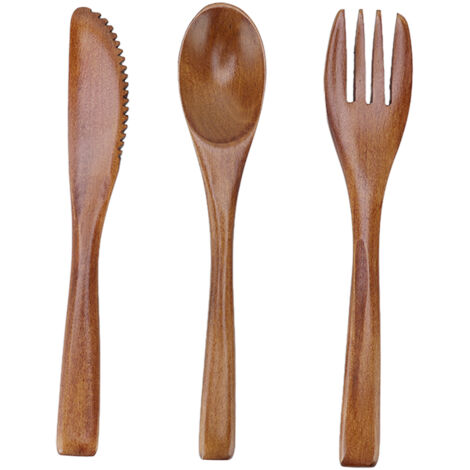 3-teiliges Holzbesteck-Set (Messer, Gabel, Löffel) – Wiederverwendbares Phoebe-Holzgeschirr für den Hausgebrauch