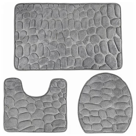 3-teiliges rutschfestes Badematten-Set mit Pflastersteinmuster und WC-Deckel-Motiv – Graues Polyester