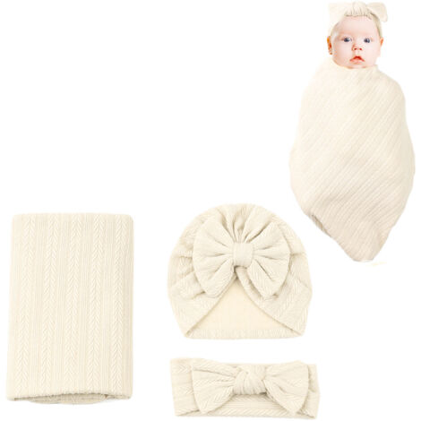 3-teiliges Set aus Baby-Stirnband aus strukturiertem Baumwoll-Polyester-Gemisch, Decke und beigefarbenem elastischem Band für Neugeborene