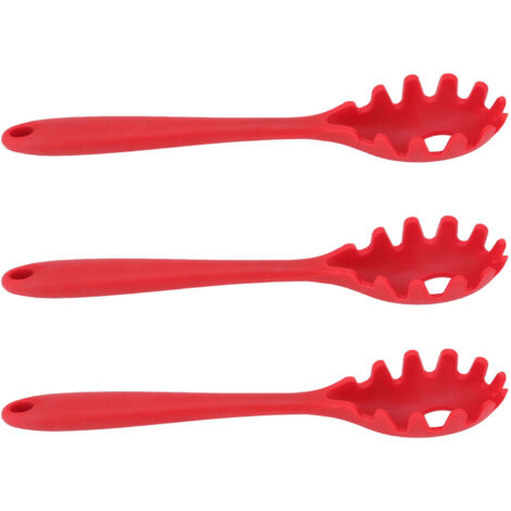3-teiliges Set aus hitzebeständigem, lebensmittelechtem Silikon-Spaghettilöffel, multifunktionales Gabel- und Löffelset für Pasta, rote Küchenutensilien