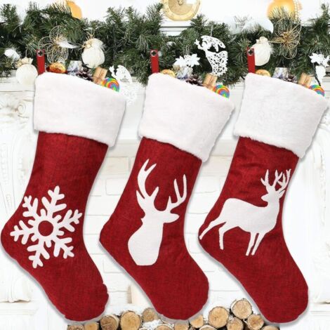 3-teiliges Set hängender Weihnachtsstrümpfe, großer Weihnachtsstrumpf, Baumschmuck, Kamindekoration, Weihnachtsmann, Rentier, Schneemann, Weihnachtsstrumpf für Süßigkeiten, Kekse, Geschenktüten