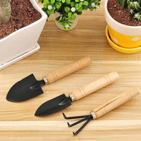 3-teiliges Set Miniatur-Gartengeräte aus Metall und Holz für Topfpflanzen mit Mini-Schaufel, Winkelschaufel und dreizinkigem Rechen – maximale Länge 17 cm, geeignet für Kinder ab 5 Jahren