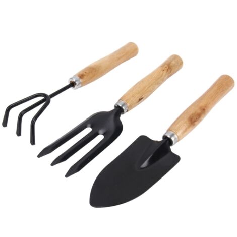 3-teiliges Set Miniatur-Gartengeräte mit Holzgriffen für Topfpflanzen – Schaufel, Rechen, Gabel