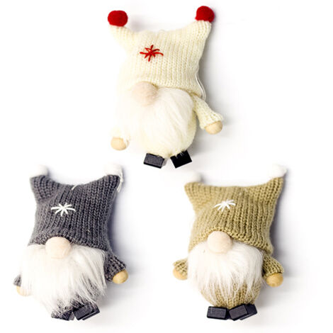 3-teiliges Set niedlicher, gesichtsloser Wollgnome als handgefertigte Plüsch-Weihnachtsbaumdekoration
