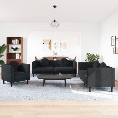 3-teiliges Sofaset mit schwarzen Samtkissen