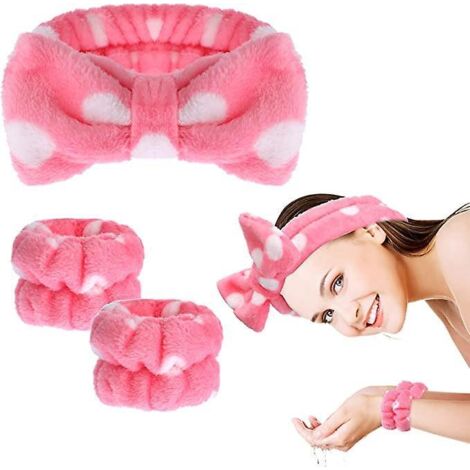 3-teiliges Spa-Stirnband-Set: Armband, Waschband (rot, Kunststoff), Peelingring, Wascharmband, Make-up-Stirnband, Haarband