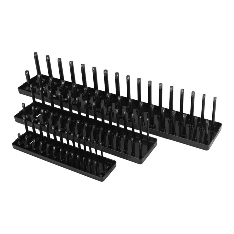 Image of 3-teiliges metrisches schwarzes Steckschlüssel-Organizer-Tablett-Set 1/4 Zoll, 3/8 und 1/2 Zoll